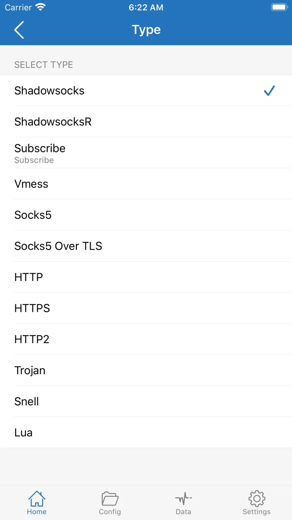 Shadowrocket 协议类型选择界面：列出 ShadowSocks、Vmess、Trojan、Snell 等 12 种代理协议，当前选中 ShadowSocks