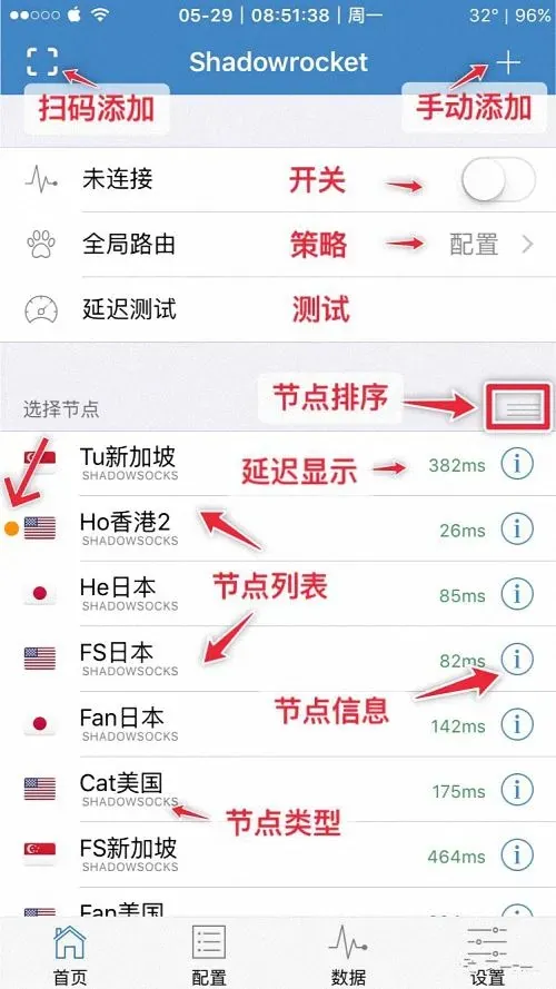 Shadowrocket 首页节点列表与延迟显示标注图